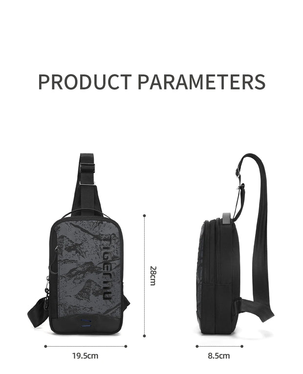 Black sling bag with measurement details on a white background