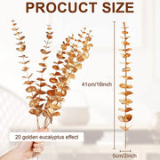 Gold eucalyptus branches with measurement details on a white background