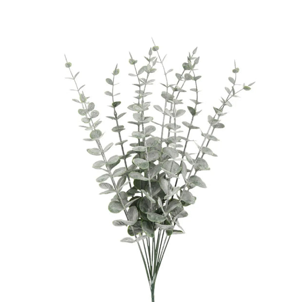 Bouquet of artificial eucalyptus branches on a white background
