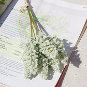 Bouquet of small white flowers on an open book