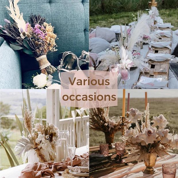Collage of various table settings with floral arrangements and tableware, labeled 'Various occasions'.