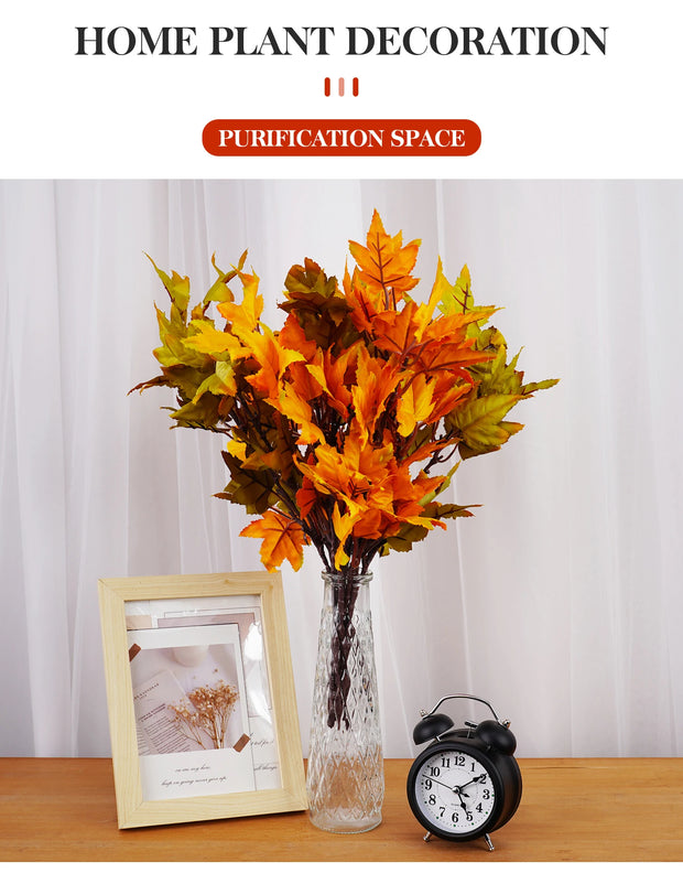 Decorative home plant with a vase and clock on a table against a white curtain background.