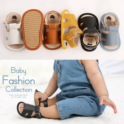 Baby sandals in various colors displayed with a baby wearing one of them.