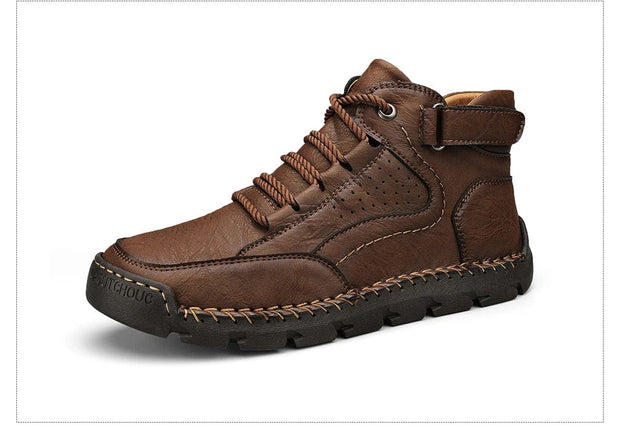 Brown leather boot with black sole on a white background