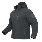Black tactical jacket with patches on a white background