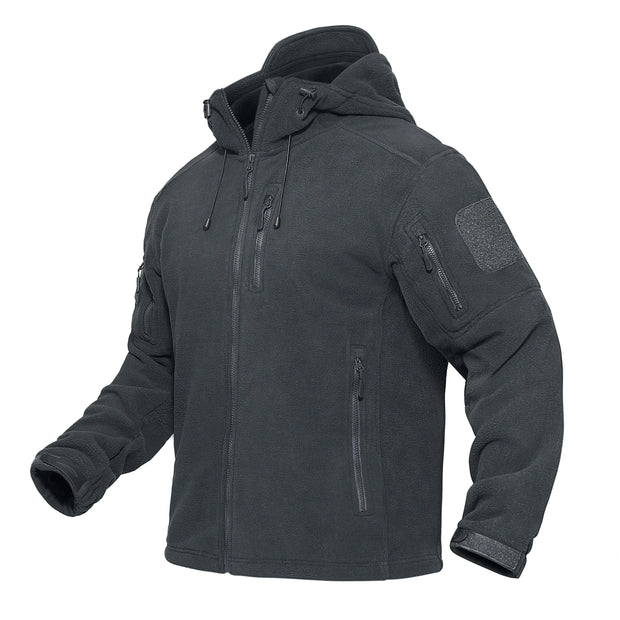 Black tactical jacket with patches on a white background