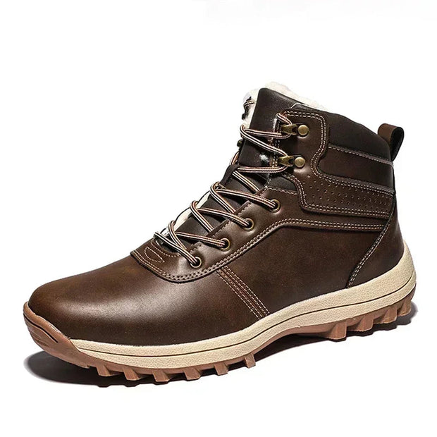 Brown leather boot with beige sole on a white background