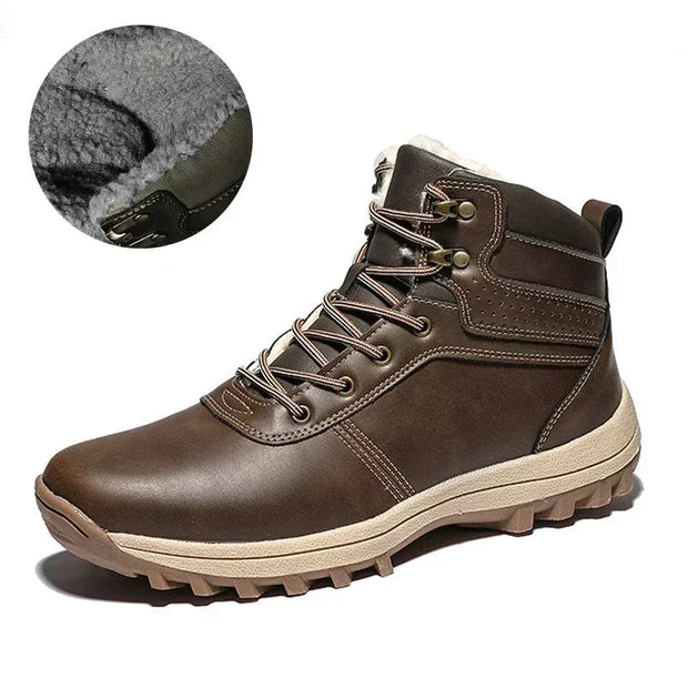 Brown hiking boot with close-up of lining on a white background