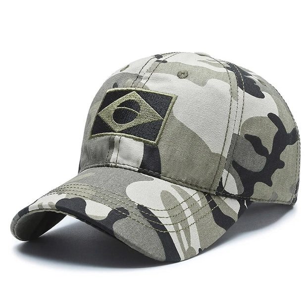Camouflage baseball cap with a logo on a white background