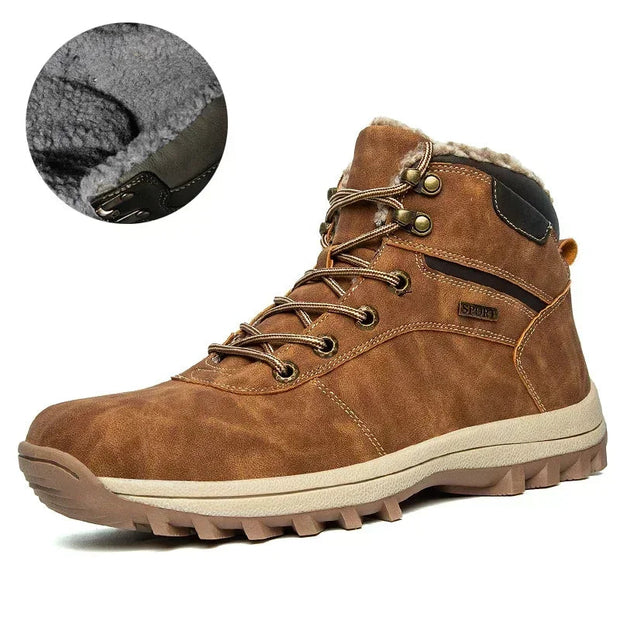 Brown winter boot with fur lining and close-up of fur on a white background