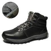 Black hiking boot with fur lining and close-up of lining on a white background
