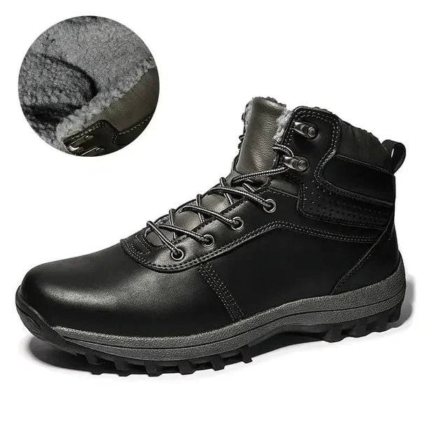 Black hiking boot with fur lining and close-up of lining on a white background