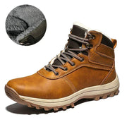 Brown hiking boot with close-up of fur lining on a white background