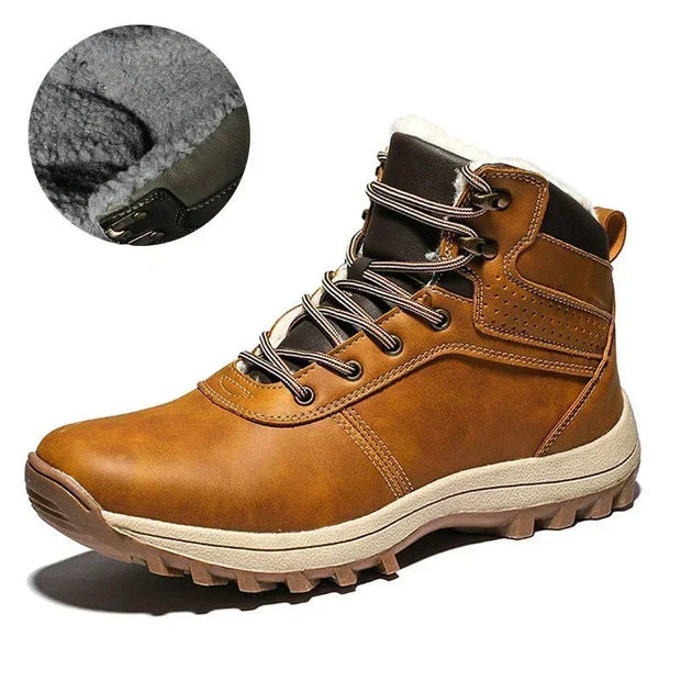 Brown hiking boot with close-up of fur lining on a white background