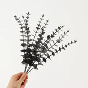 Hand holding a bouquet of black artificial eucalyptus leaves against a white background