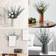 Collage of four images showing various vases with greenery and flowers in a home setting.