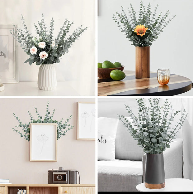 Collage of four images showing various vases with greenery and flowers in a home setting.