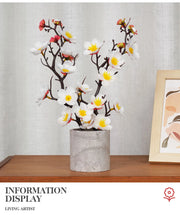 Decorative plant in a pot on a wooden surface with a framed picture in the background.