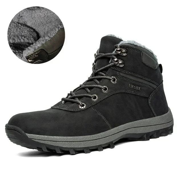 Black hiking boot with gray sole and fur lining detail on a white background