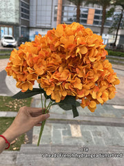 Bouquet of orange French hydrangea flowers held by a person outdoors.