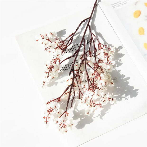 White flowers with red accents on a white background