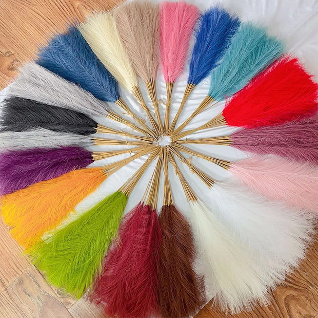 Colorful feather fans arranged in a circular pattern on a wooden surface.