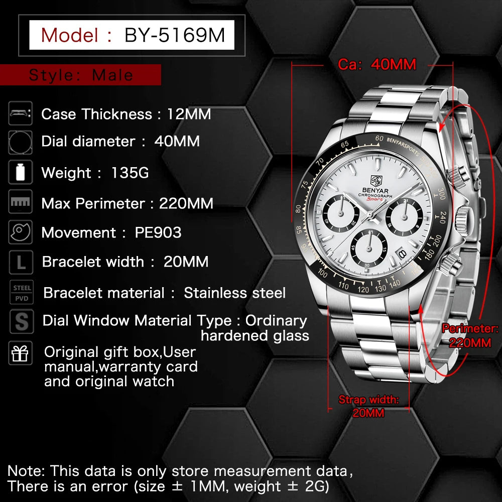 2022 BENYAR New Watches Men Luxury Brand Chronograph Male Sport -WPD128