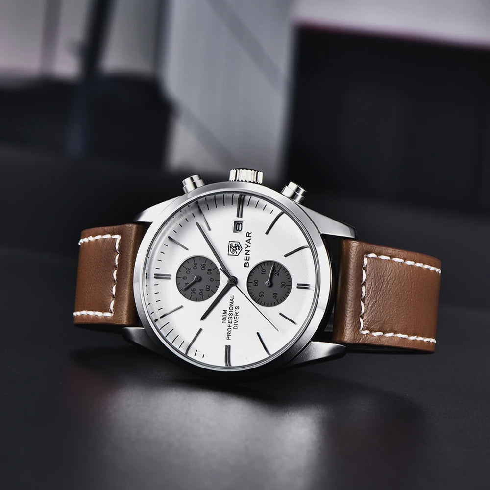 2022 New BENYAR Leather Men Quartz Wristwatches Luxury Brand 100M -WPD130