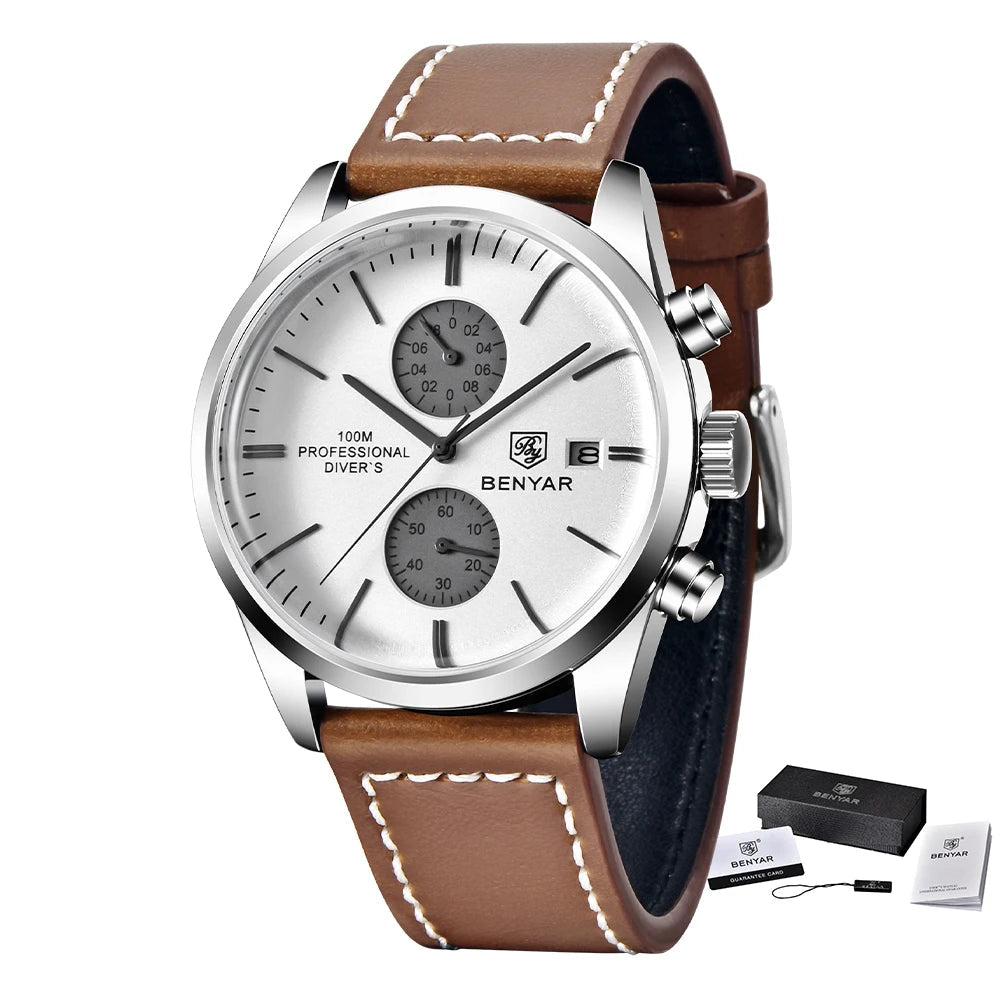 2022 New BENYAR Leather Men Quartz Wristwatches Luxury Brand 100M -WPD130