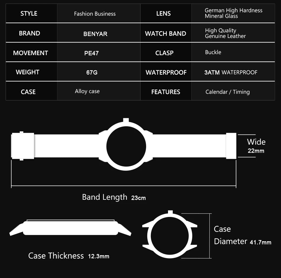 BENYAR Brand Luxury Men's Watch Date 30m Waterproof -WPD135