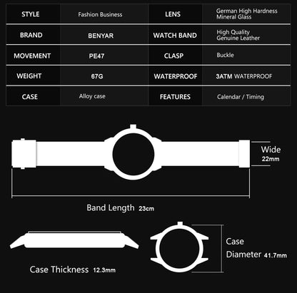 BENYAR Brand Luxury Men's Watch Date 30m Waterproof -WPD135
