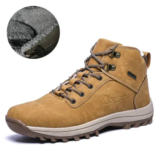 Tan hiking boot with fur lining detail on a white background