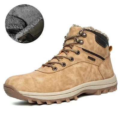 Beige winter boot with fur lining and close-up of fur on a white background