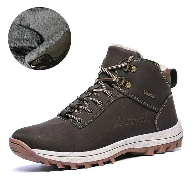 Brown hiking boot with fur lining and brand logo on a white background
