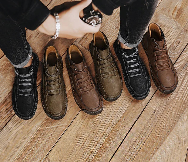 Five pairs of shoes displayed on a wooden floor 