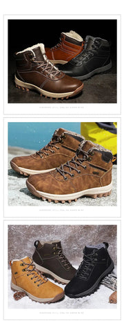 Brown hiking boots displayed in various settings with a yellow container in the background.