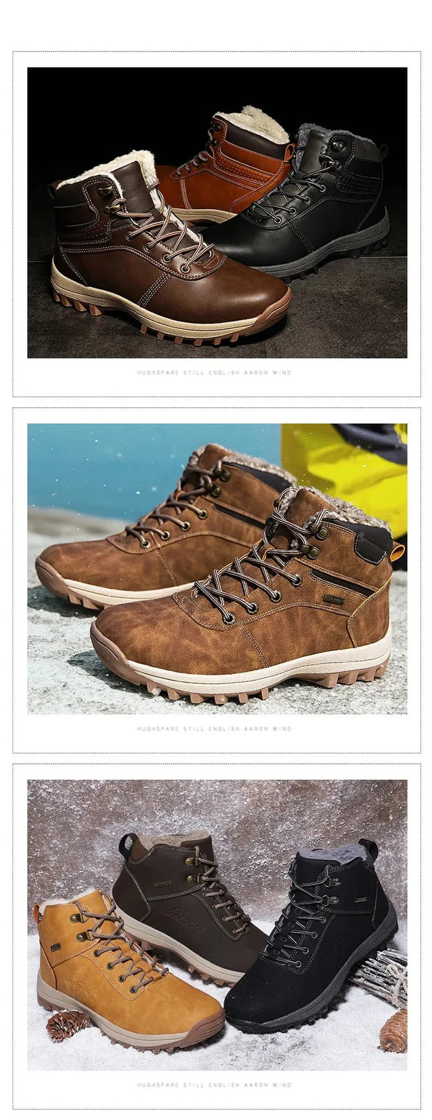 Brown hiking boots displayed in various settings with a yellow container in the background.