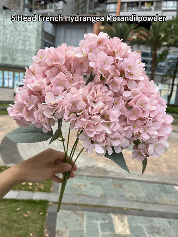 Bouquet of pink French hydrangeas held by a hand with a blurred outdoor background