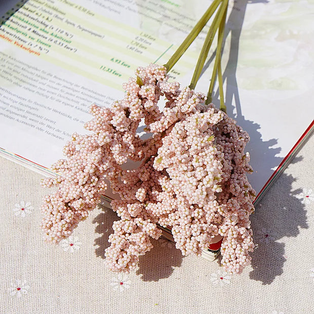 Pink coral-like object on a surface with text and shadows