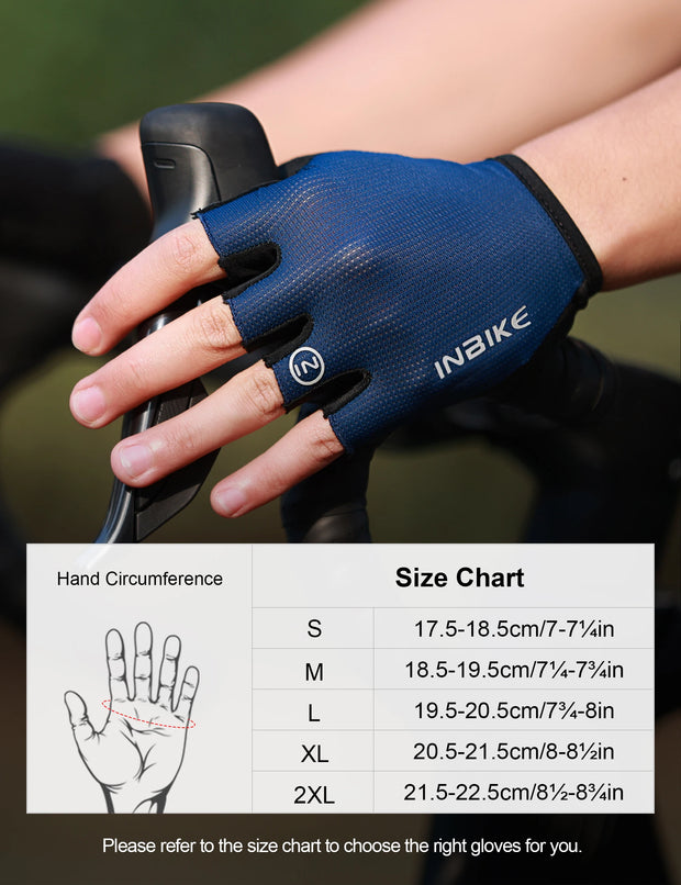 Blue cycling glove, held by a person, with a size chart overlay.