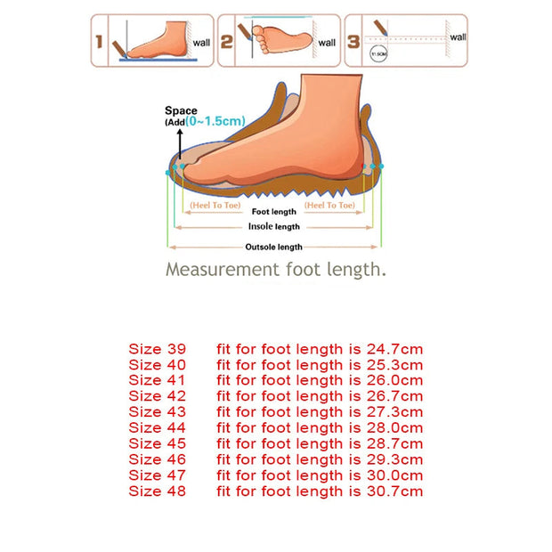 Diagram showing how to measure foot length with a shoe and measurement chart on a white background.