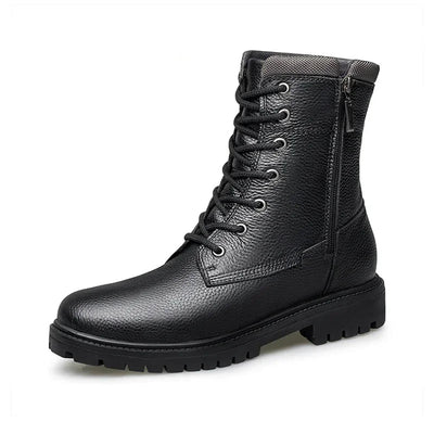 Black leather boot with laces on a white background