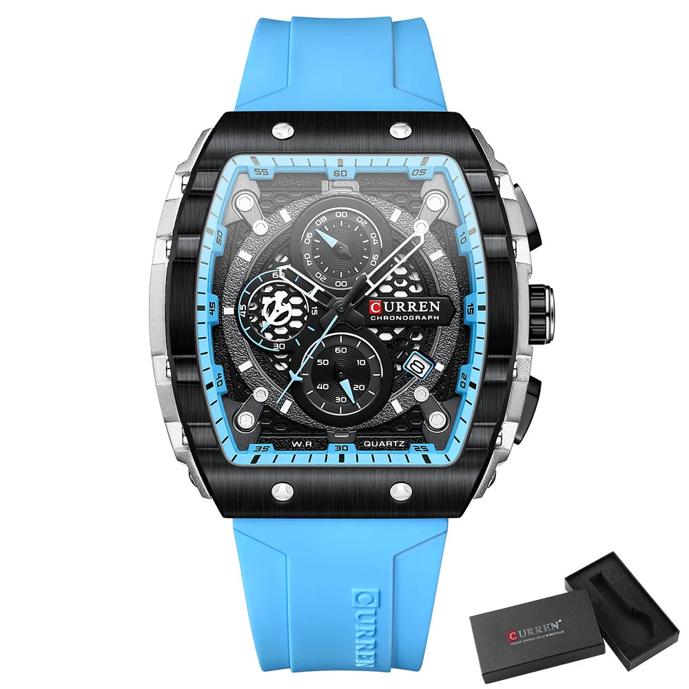 CURREN Sports Unique Rectangular Watches with Large Dial Casual Quartz Silicone Bands -WPD136