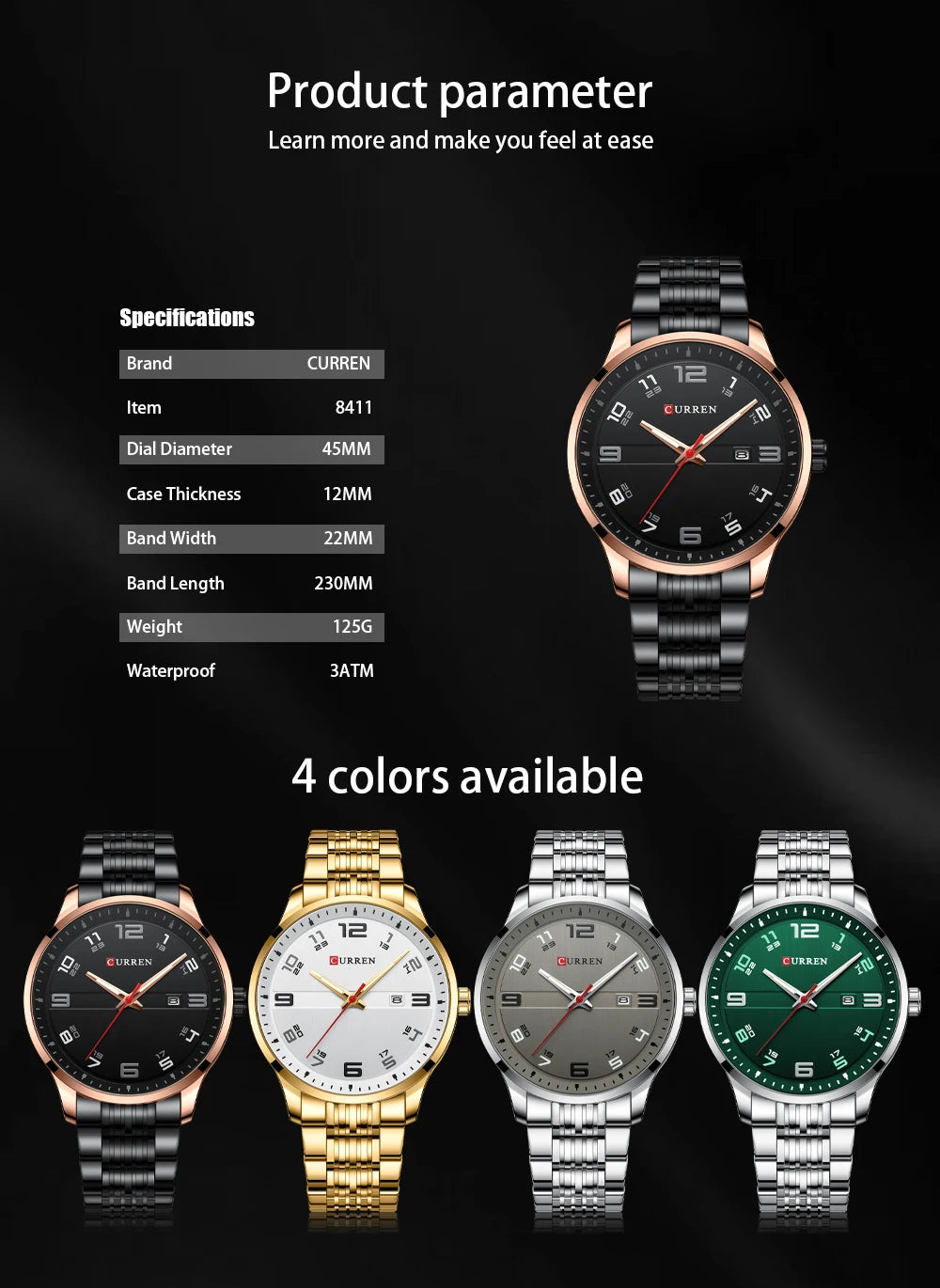 CURREN Business Men Luxury Watches Stainless Steel Quartz Wrist watches -WPD147