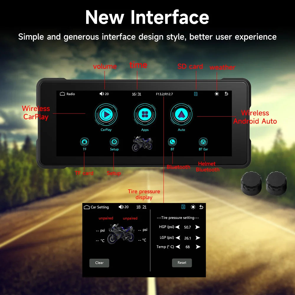 5/6/7‘’ Motorcycle Multimedia Player Wireless CarPlay Android Auto GPS -GPD101