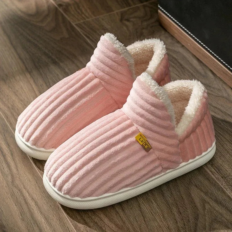 Winter Couple Style Concise Stripes Wrap Heels Plush Slippers Ladies' Non-slip Soft Warm Flip Flops Men -SHPD104