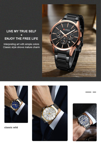 CURREN Casual Sport Watches Men's Quartz Chronograph Stainless Steel Bracelet Wristwatches -WPD143