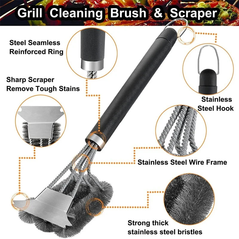 Safe Grill Brush and Scraper with Deluxe Handle Grill Cleaner Brush Stainless Steel -BKPD111