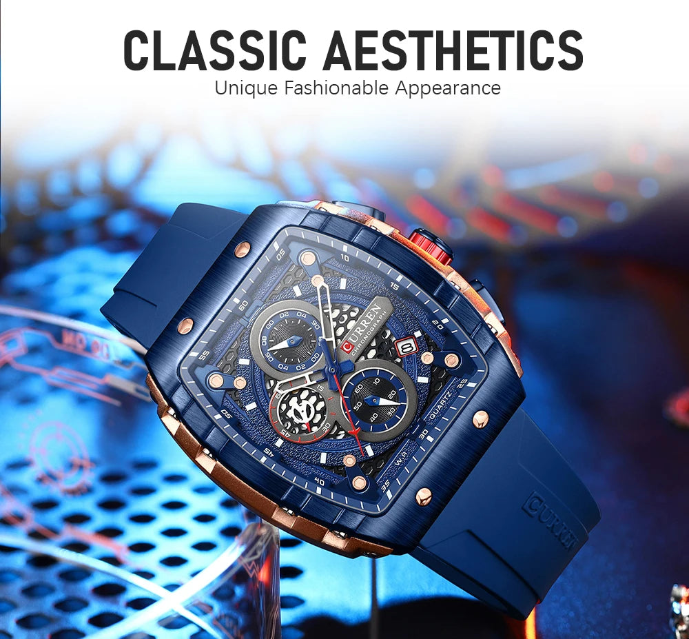 CURREN Sports Unique Rectangular Watches with Large Dial Casual Quartz Silicone Bands -WPD136