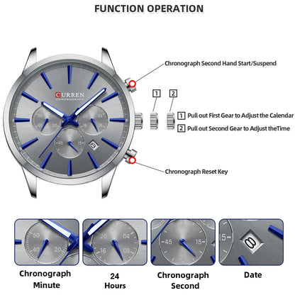 CURREN Casual Sport Watches Men's Quartz Chronograph Stainless Steel Bracelet Wristwatches -WPD143